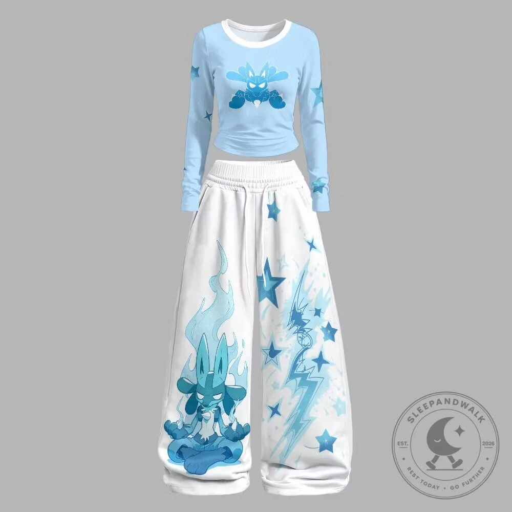 Pokemon Lucario Long Sleeve Crop Top and Wide Leg Pants Set 1 Pokemon Lucario Long Sleeve Crop Top and Wide Leg Pants Set