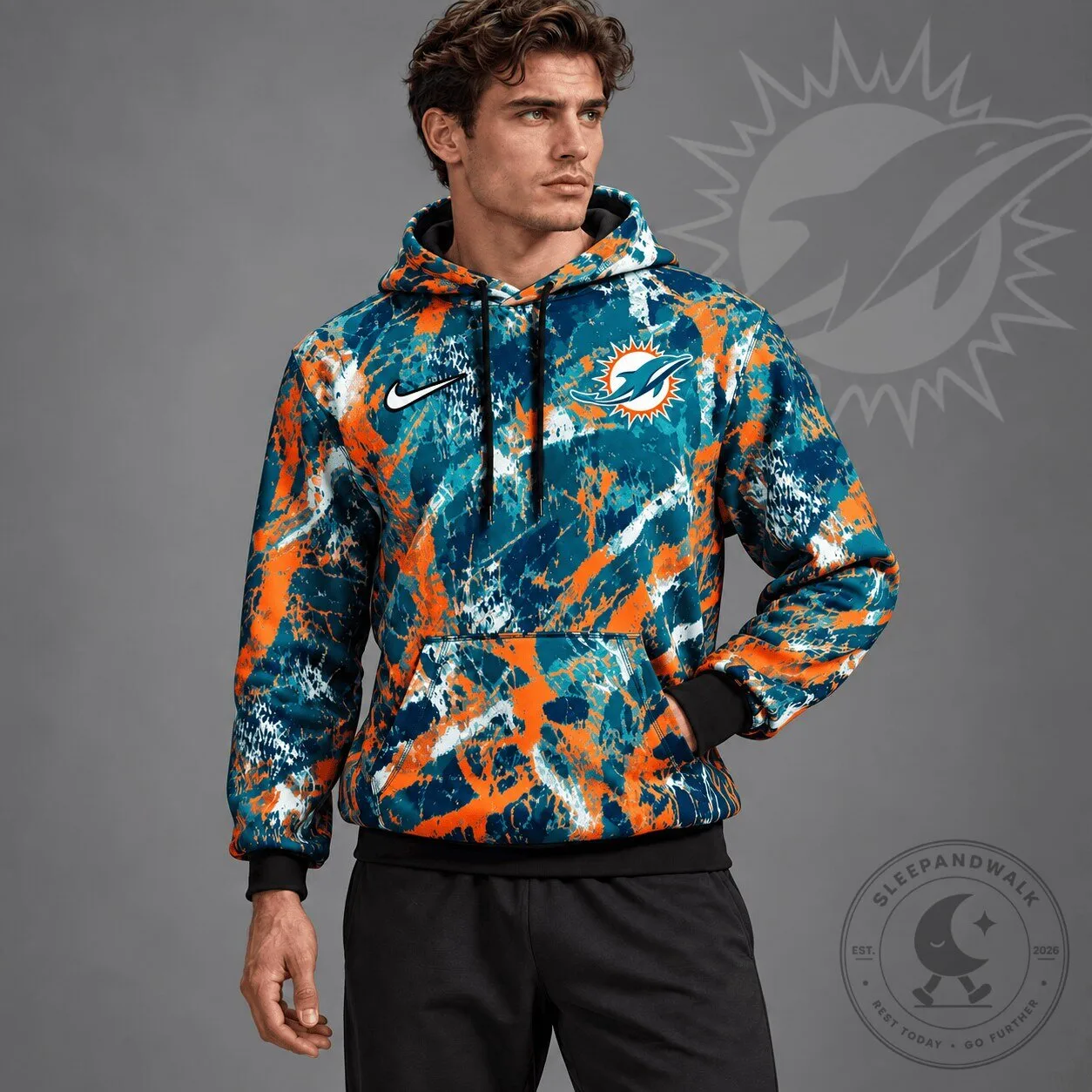 Miami Dolphins NFL Team Crest Distressed Brush Camouflage Pullover Hoodie
