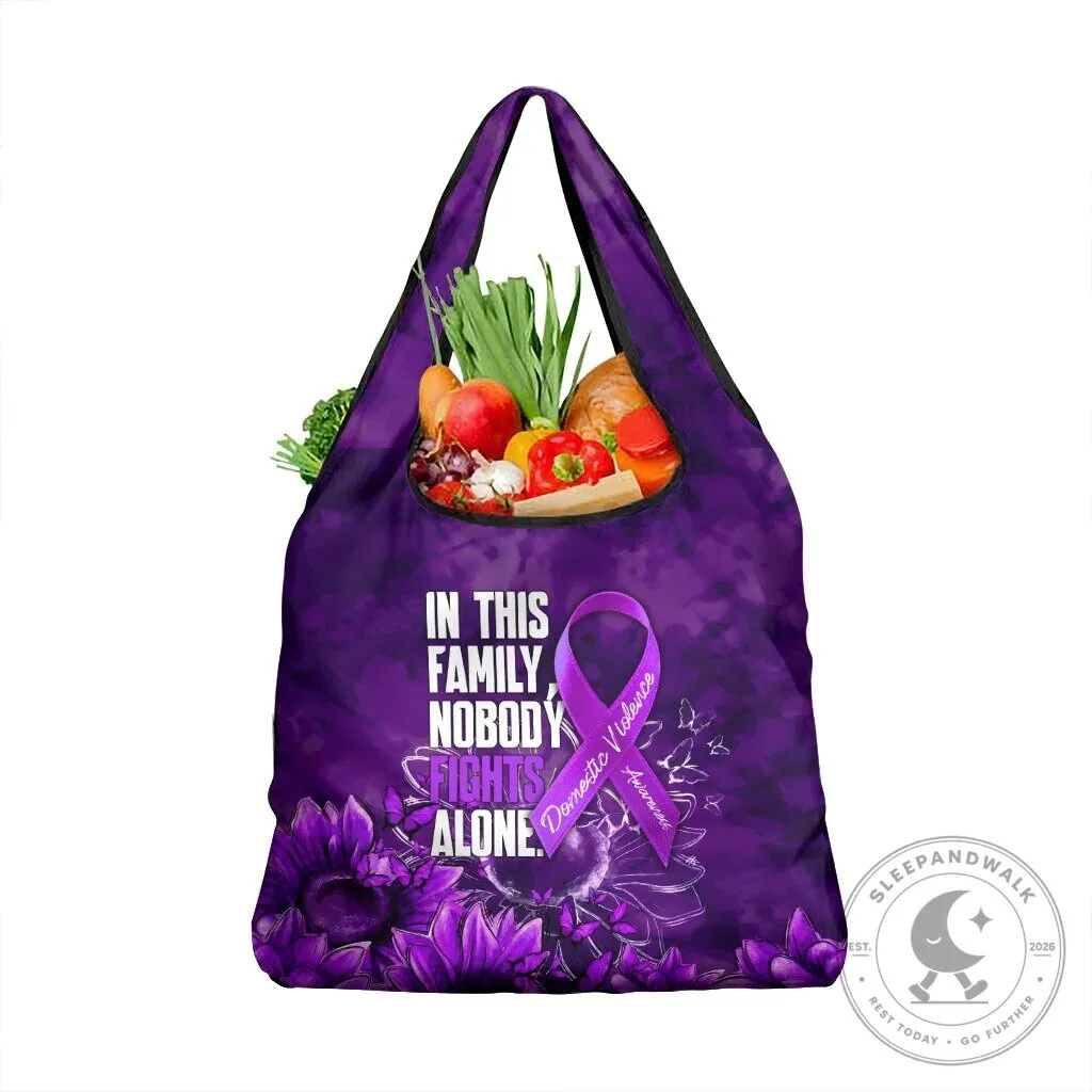 Domestic Violence Awareness Purple Ribbon Sunflower Reusable Grocery Bag