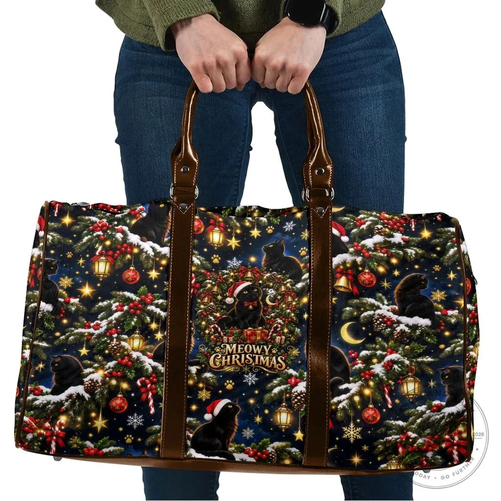 Meowy Christmas Black Cat Festive Night Tree Snow Stars Holiday Pattern Travel Bag