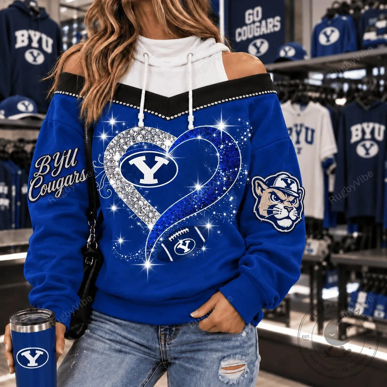 BYU Cougars Sparkle Heart Football Blue Off Shoulder Hoodie