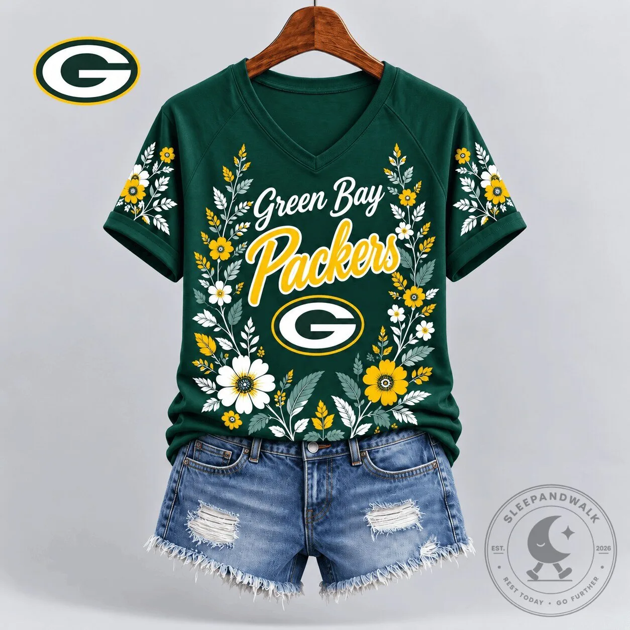 Green Bay Packers Floral Spirit V-Neck Short Sleeve T-Shirt for Women