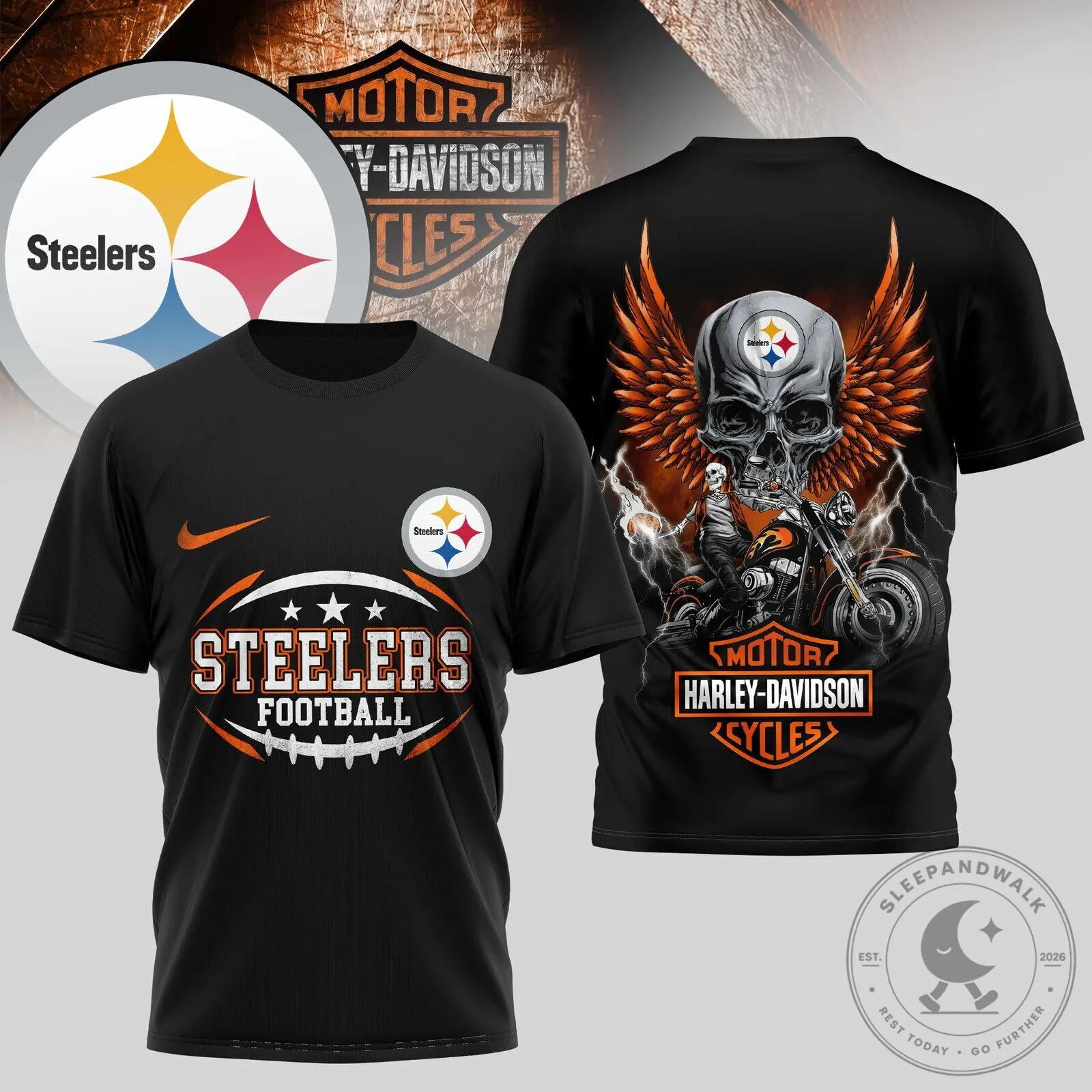 Pittsburgh Steelers Harley Davidson Motorcycle Skull Graphic Black T-Shirt