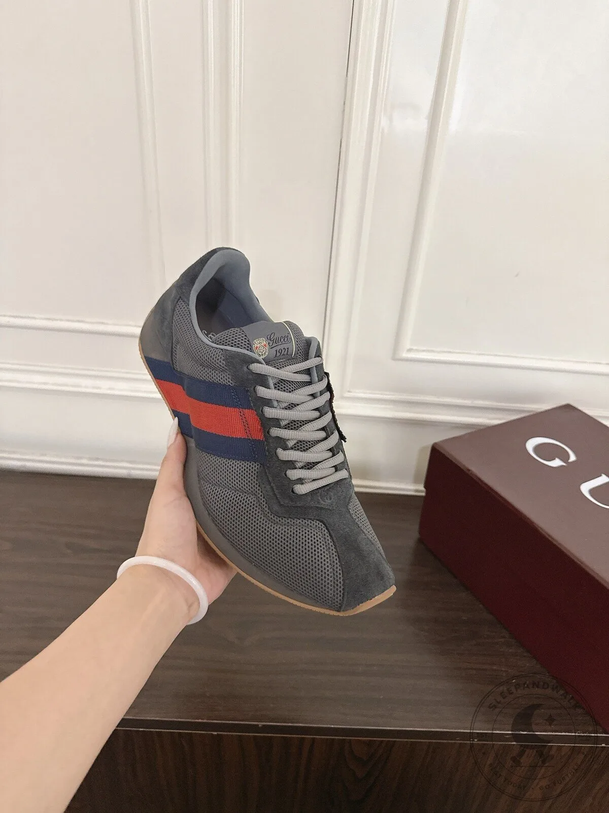 Gucci 1921 Gray Suede and Mesh Running Shoes with Red and Blue Stripes