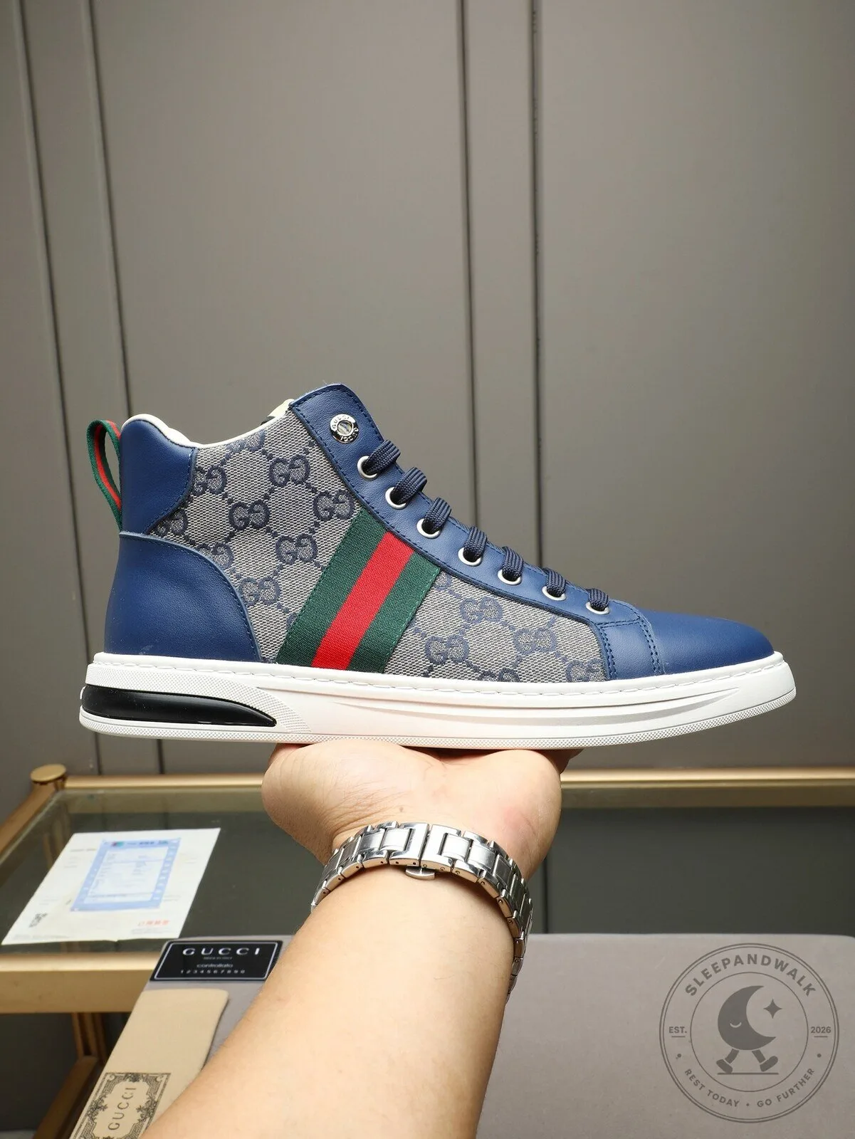 Gucci Monogram High Top Sneakers Blue Leather Red Green Stripe Shoes