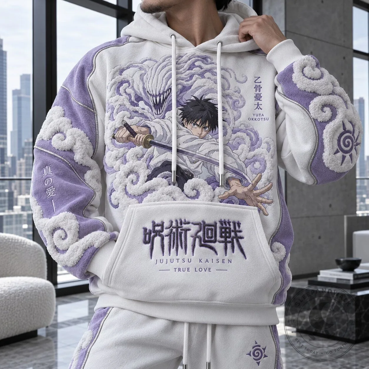 Jujutsu Kaisen Yuta Okkotsu Anime Manga White and Purple Hoodie