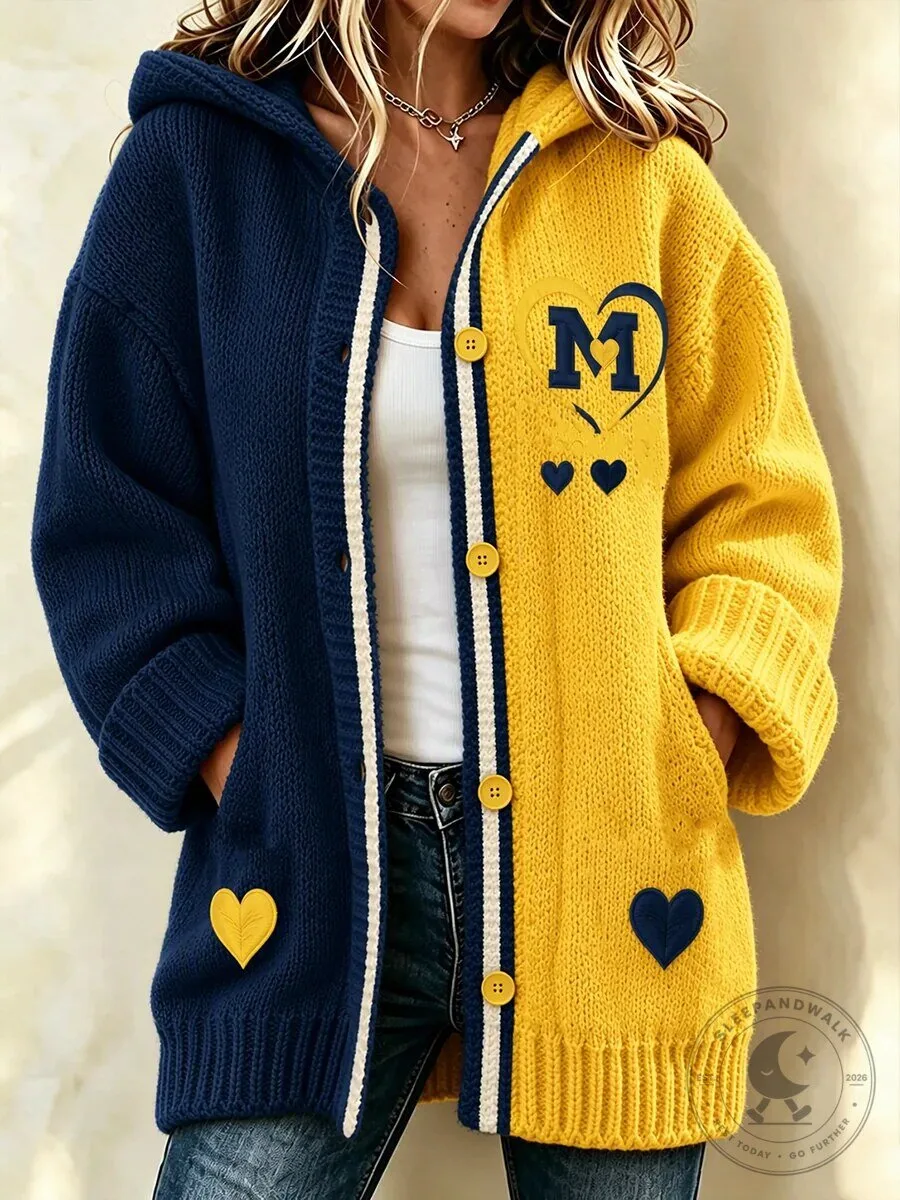 Michigan Wolverines Football Team Blue Yellow Knit Hooded Cardigan