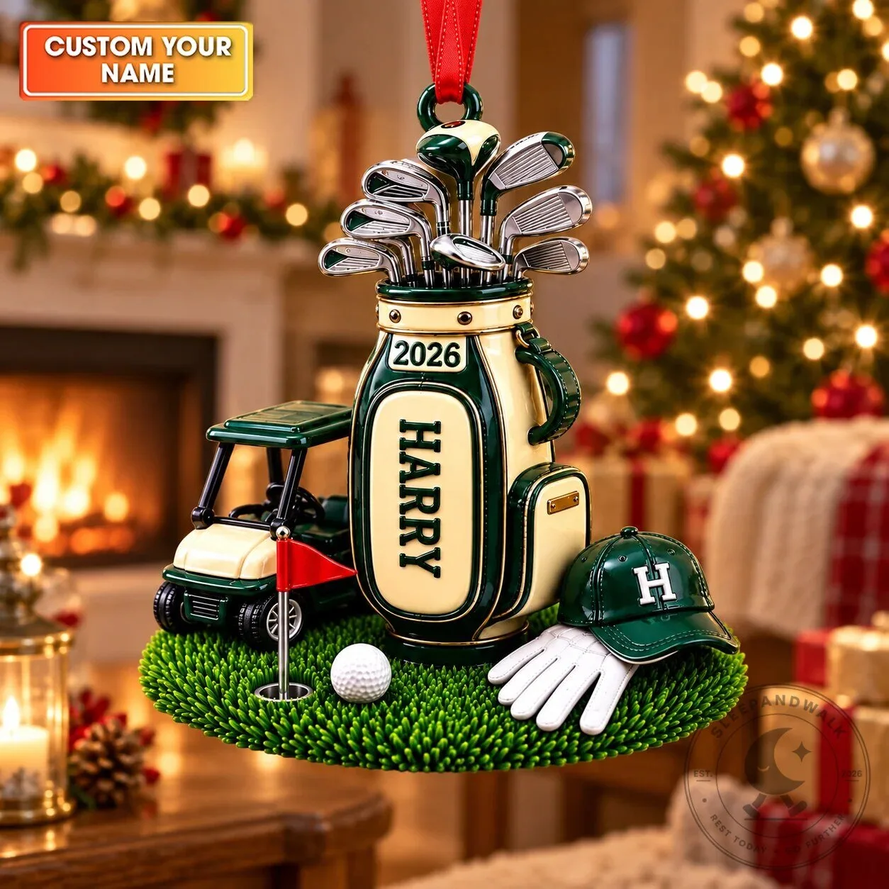 Personalized Golf Bag Cart Green Grass Acrylic Christmas Tree Ornament 7 Personalized Golf Bag Cart Green Grass Acrylic Christmas Tree Ornament