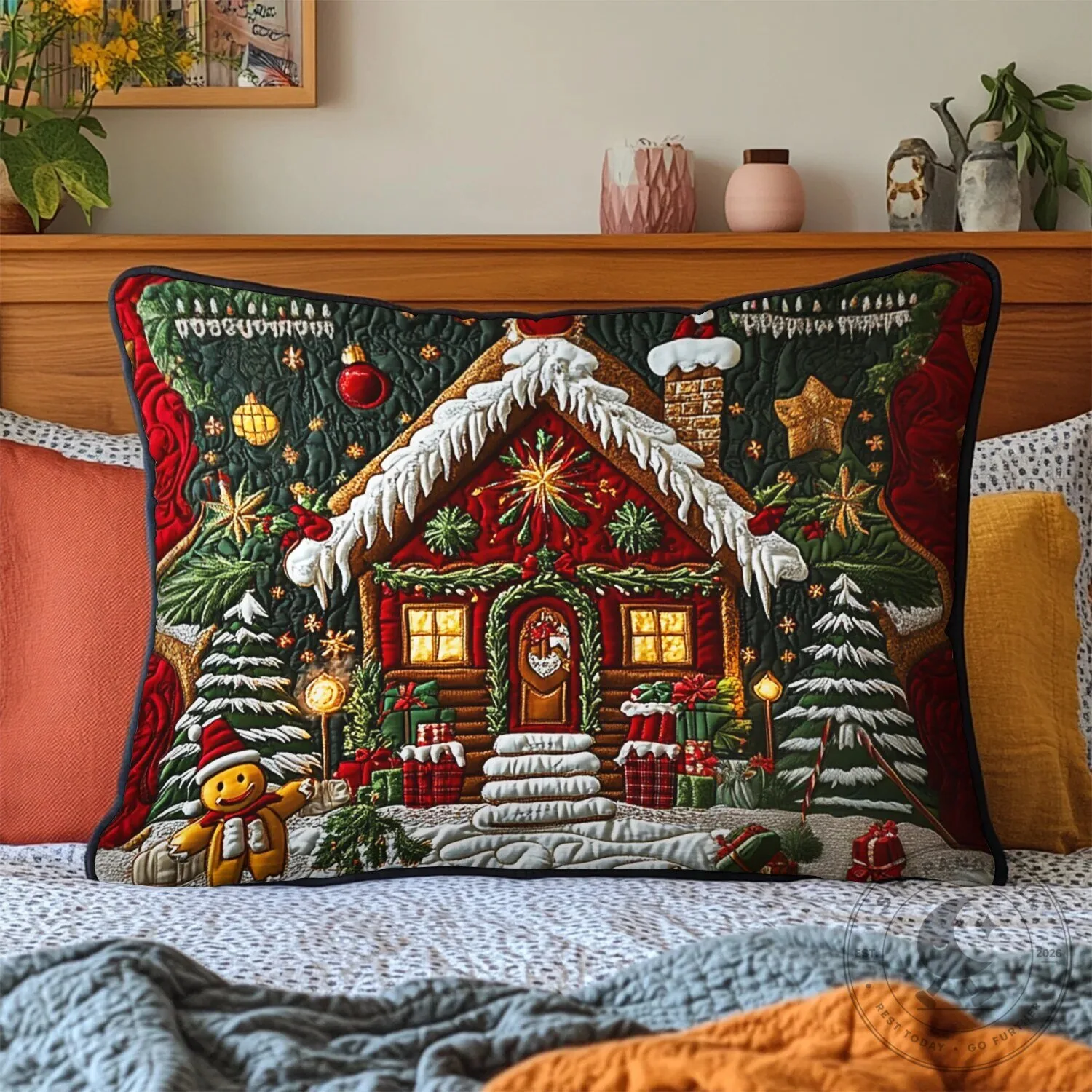Christmas Gingerbread House Quilted Decorative Pillow Case