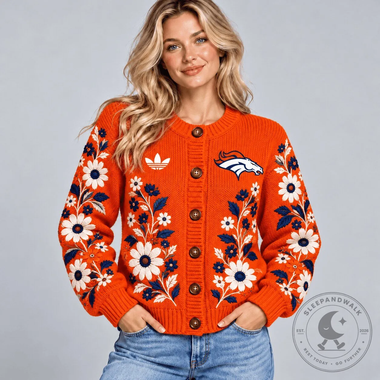 Denver Broncos NFL Vintage Daisy Blossom Embroidered Orange Cardigan Sweater 2 Denver Broncos NFL Vintage Daisy Blossom Embroidered Orange Cardigan Sweater