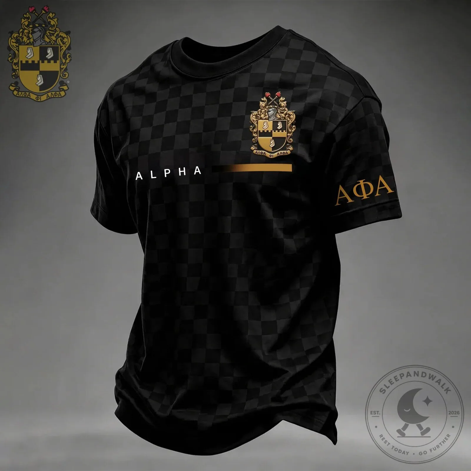 Alpha Phi Alpha Fraternity Checkered Pattern Black Gold Greek Letter T-Shirt