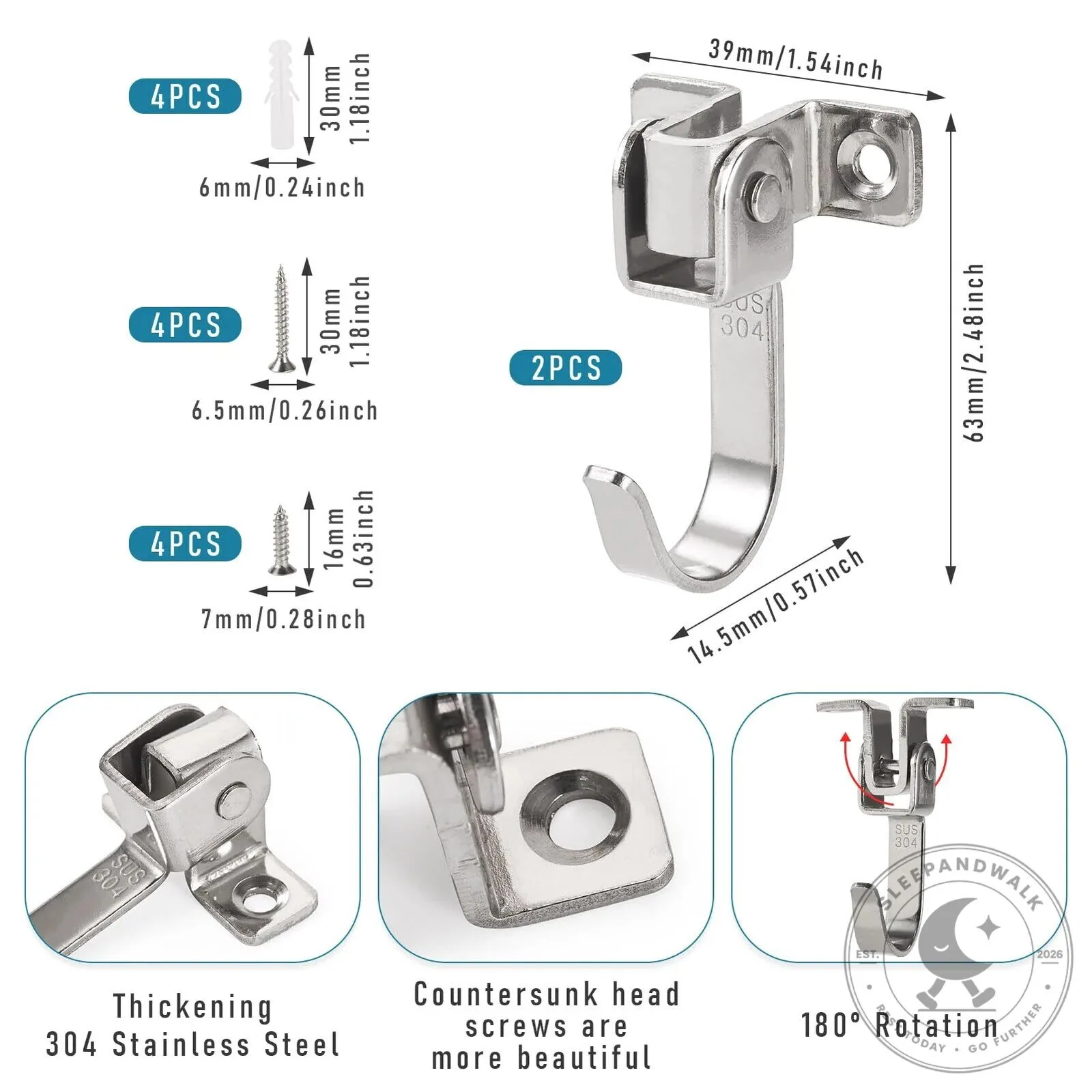 Heavy-Duty 360 Degree Swivel Wall Hooks J-Shaped Stainless Steel Hangers 15 Heavy-Duty 360 Degree Swivel Wall Hooks J-Shaped Stainless Steel Hangers