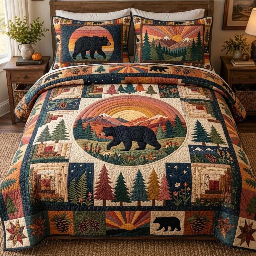 Rustic Black Bear Forest Sunset Patchwork Quilted Bedding Set 6 Rustic Black Bear Forest Sunset Patchwork Quilted Bedding Set
