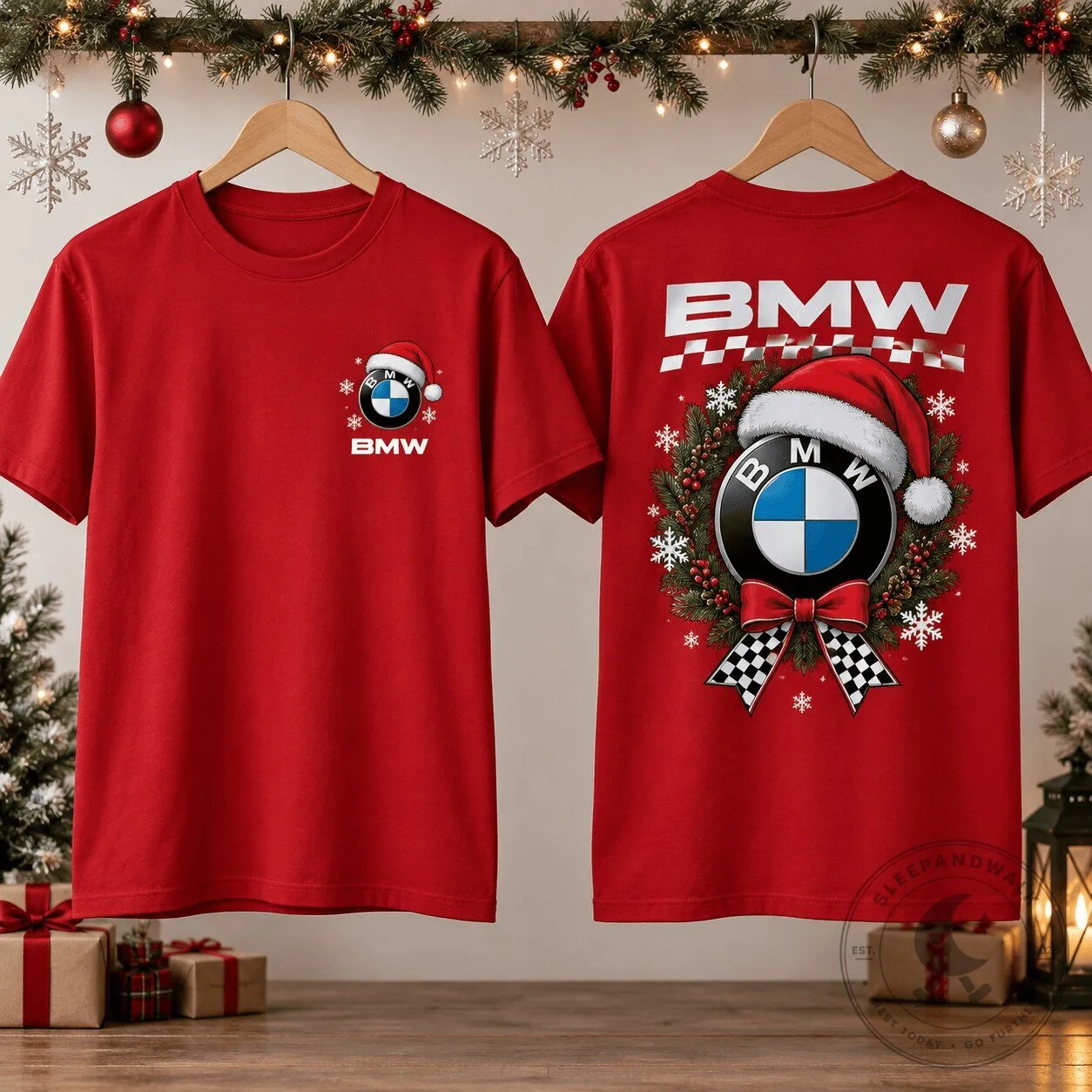 BMW Christmas Santa Hat Wreath Logo Graphic Red T-Shirt 7 BMW Christmas Santa Hat Wreath Logo Graphic Red T-Shirt