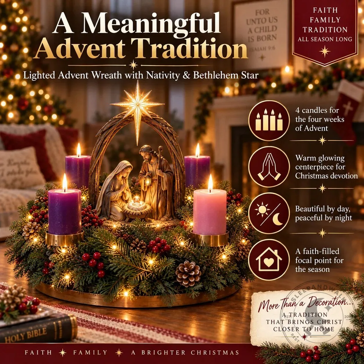 Lighted Nativity Advent Wreath with Bethlehem Star and Four Candles