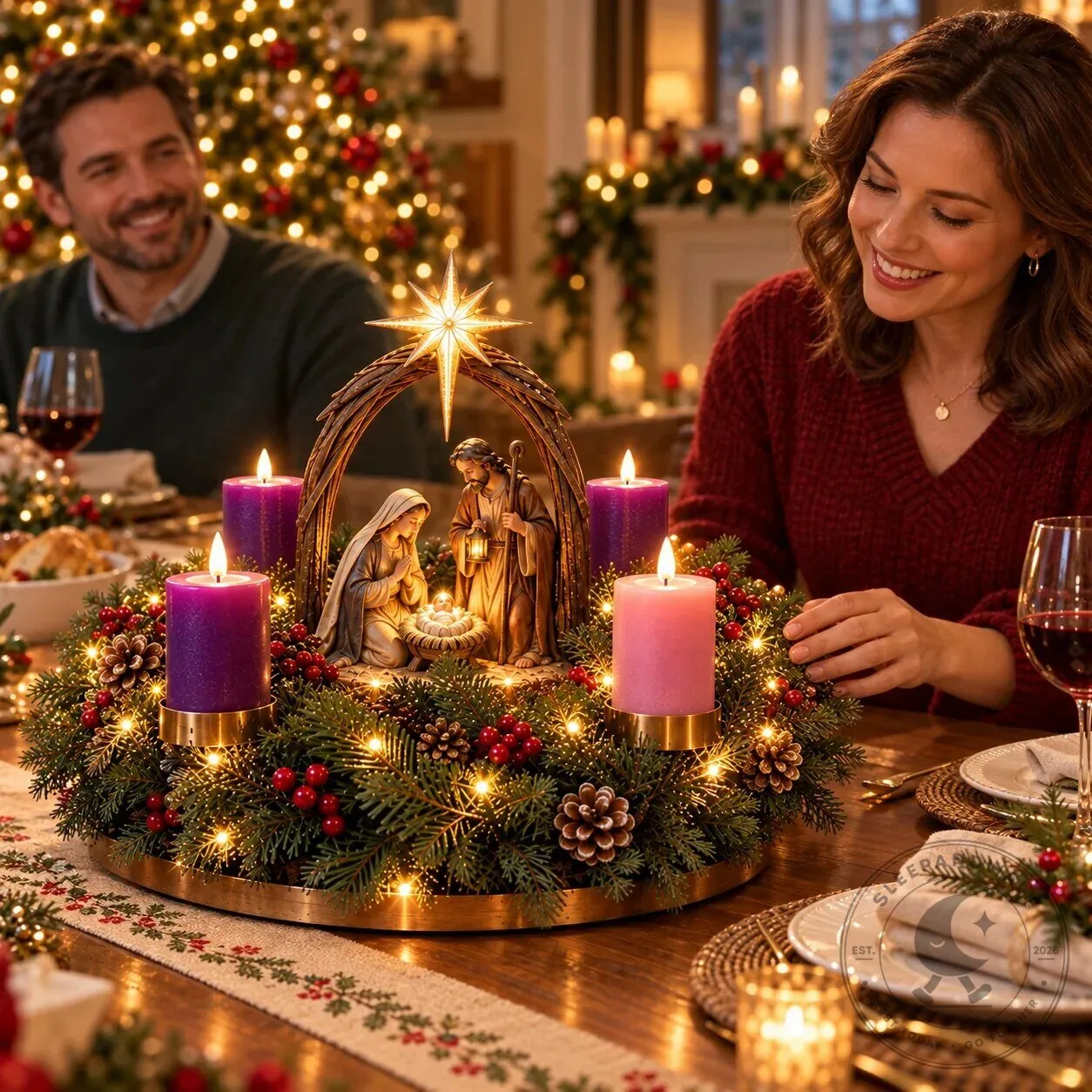 Lighted Nativity Advent Wreath with Bethlehem Star and Four Candles 12 Lighted Nativity Advent Wreath with Bethlehem Star and Four Candles