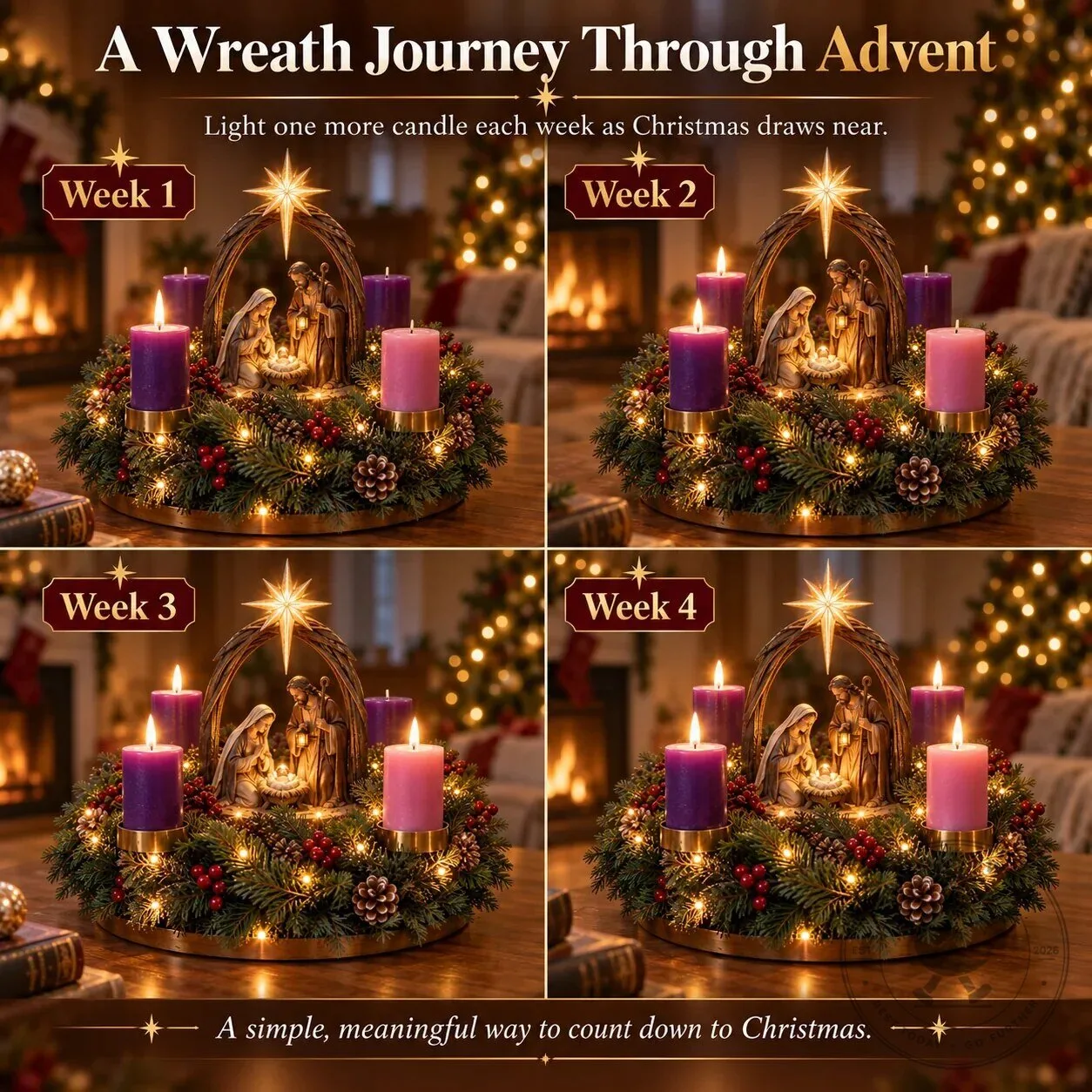 Lighted Nativity Advent Wreath with Bethlehem Star and Four Candles 14 Lighted Nativity Advent Wreath with Bethlehem Star and Four Candles