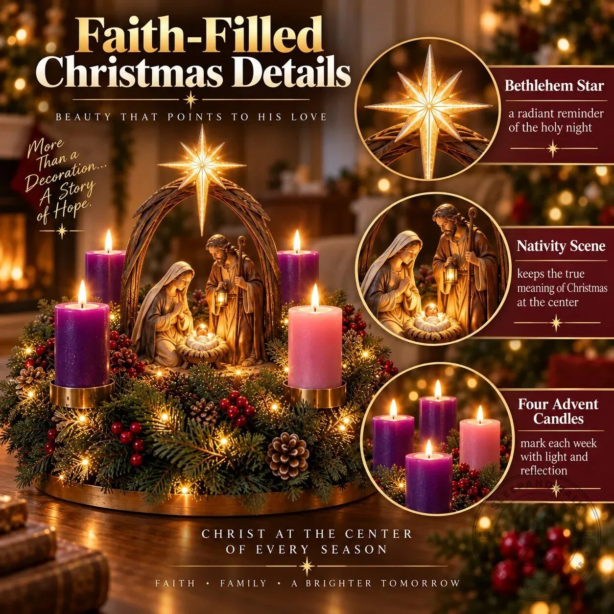 Lighted Nativity Advent Wreath with Bethlehem Star and Four Candles 15 Lighted Nativity Advent Wreath with Bethlehem Star and Four Candles