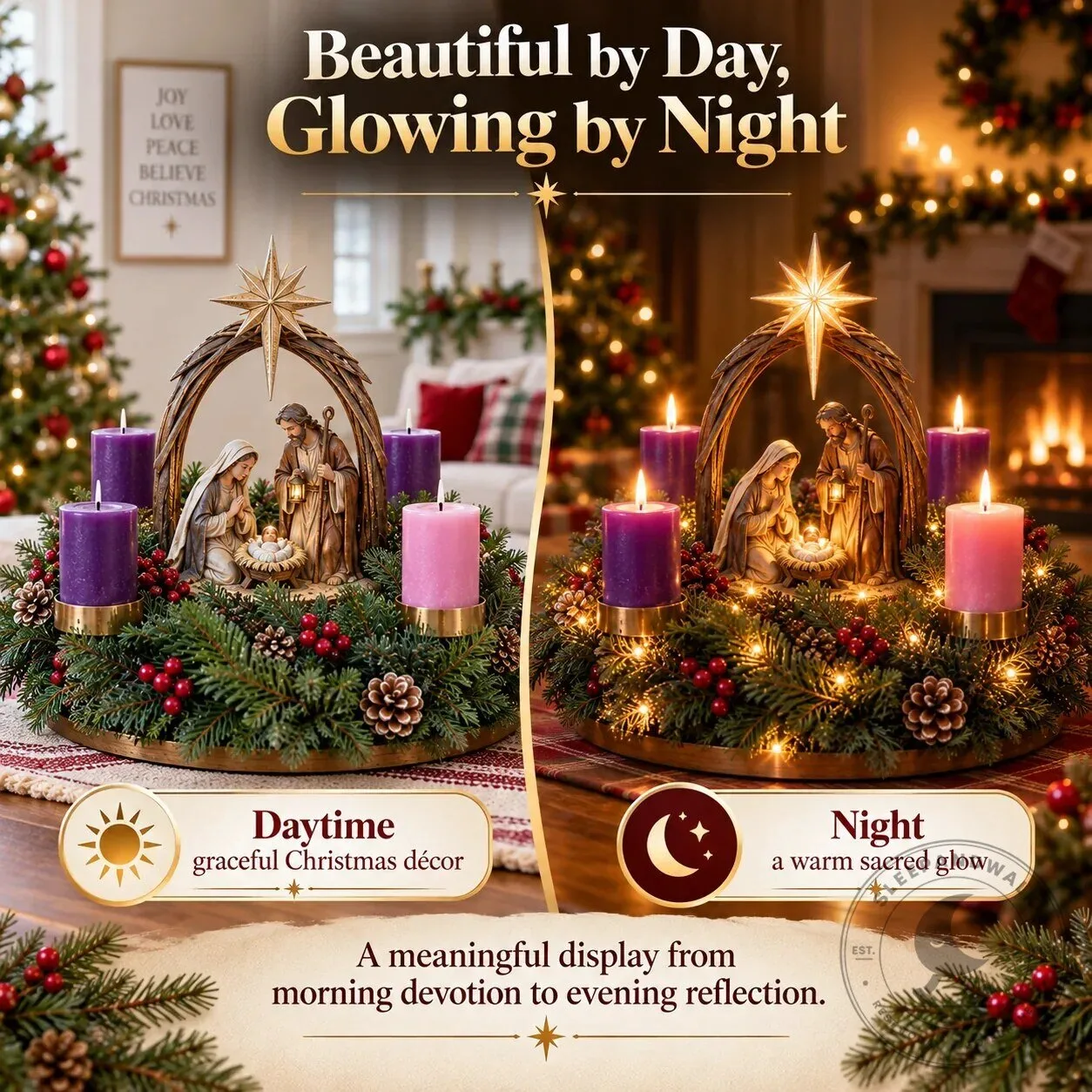 Lighted Nativity Advent Wreath with Bethlehem Star and Four Candles 16 Lighted Nativity Advent Wreath with Bethlehem Star and Four Candles