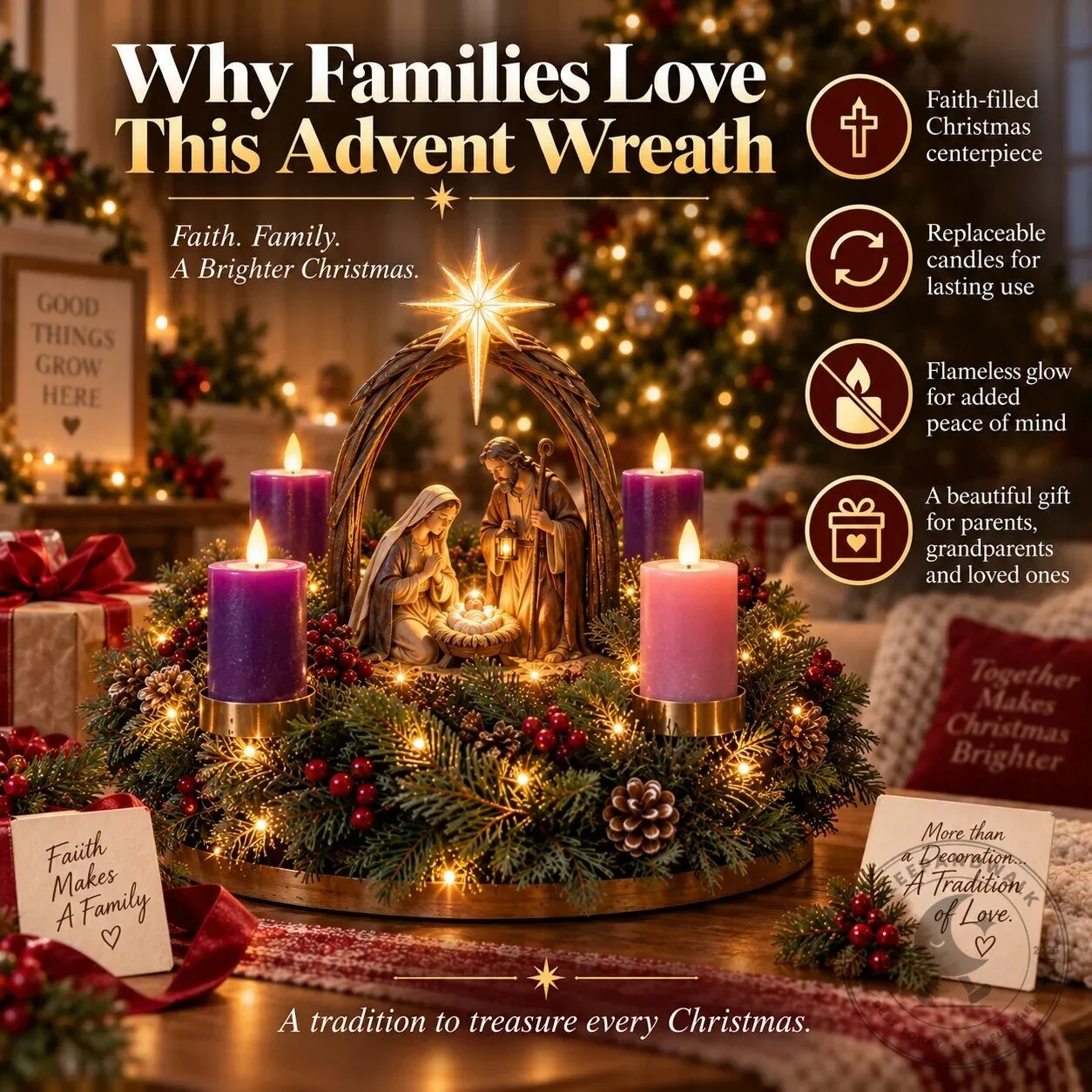 Lighted Nativity Advent Wreath with Bethlehem Star and Four Candles 18 Lighted Nativity Advent Wreath with Bethlehem Star and Four Candles