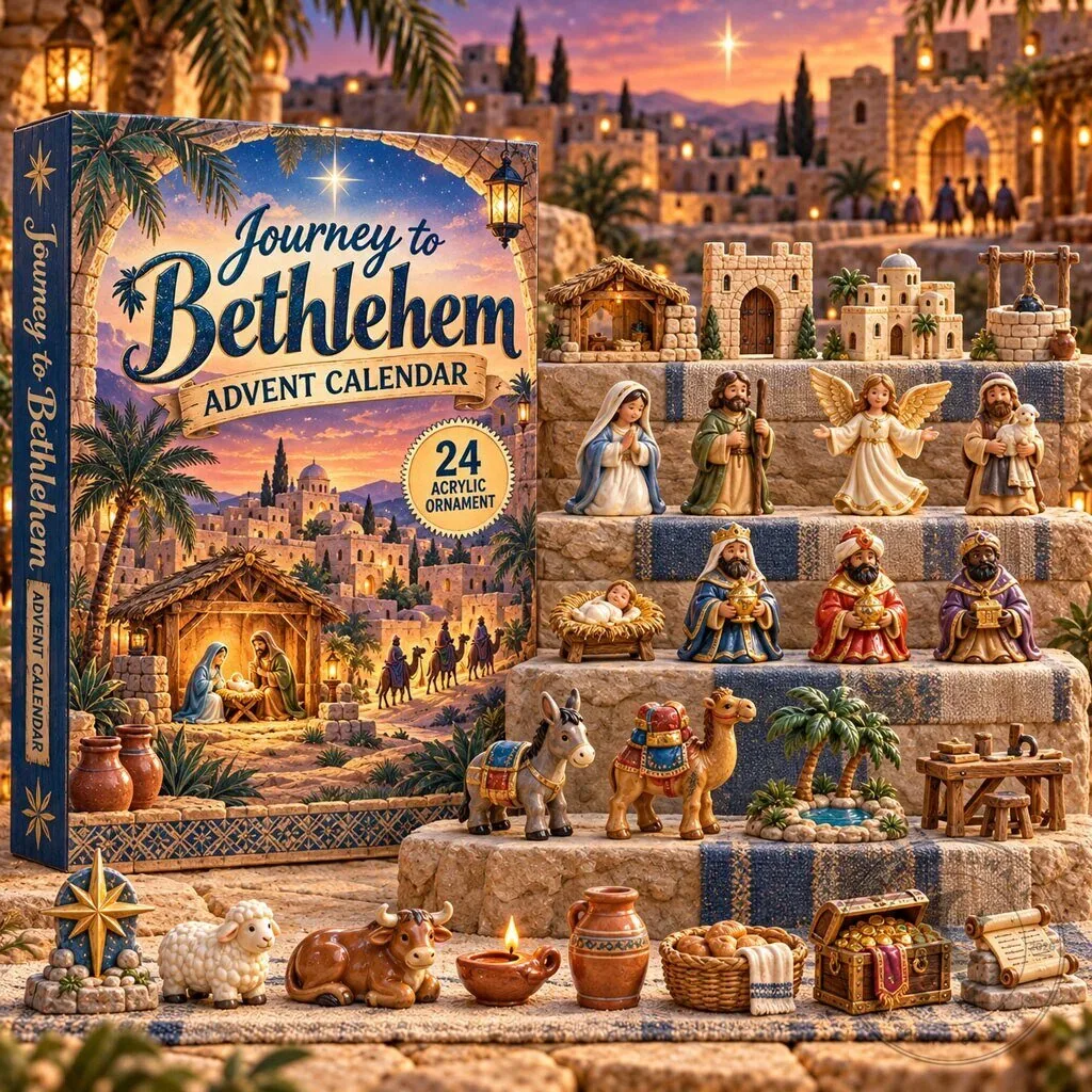 Journey to Bethlehem Nativity Scene Advent Calendar with Acrylic Ornaments 2D