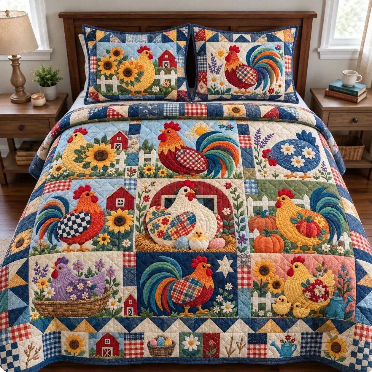 Farmhouse Chicken and Rooster Patchwork Quilted Bedding Set 9 Farmhouse Chicken and Rooster Patchwork Quilted Bedding Set