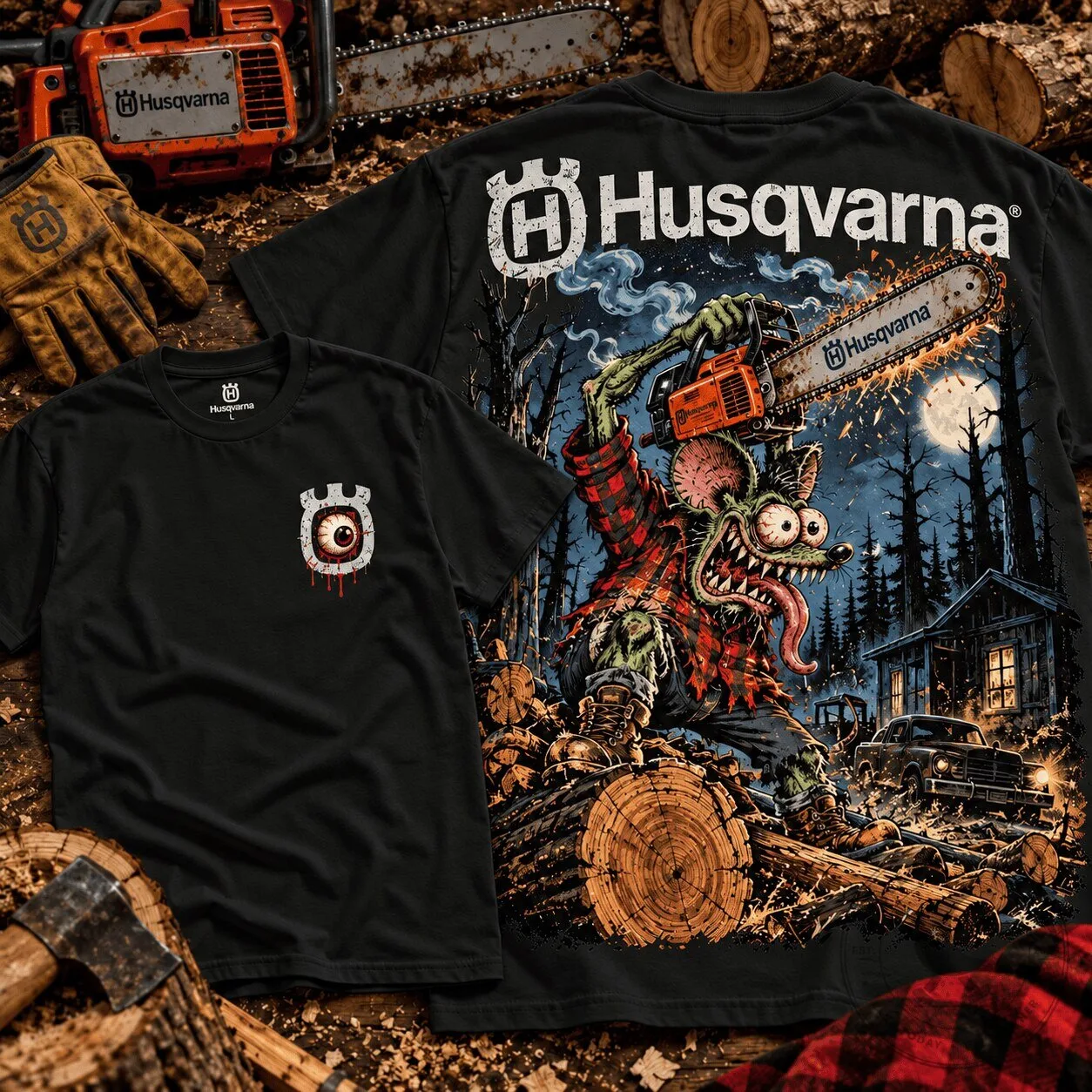 Husqvarna Rat Fink Chainsaw Madness Monster Graphic Black T-Shirt 2 Husqvarna Rat Fink Chainsaw Madness Monster Graphic Black T-Shirt