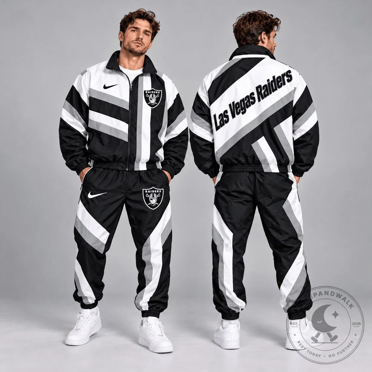 Las Vegas Raiders NFL Retro Geometric Stripe Full Zip Windbreaker Jacket 4 Las Vegas Raiders NFL Retro Geometric Stripe Full Zip Windbreaker Jacket