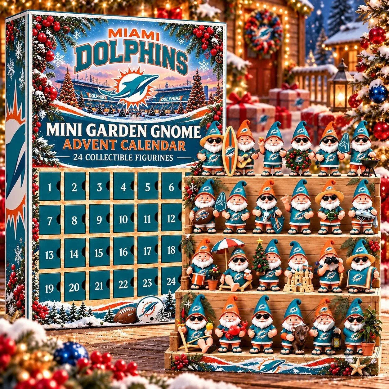 Miami Dolphins NFL Mini Garden Gnome Advent Calendar with 24 Collectible Figurines 2D