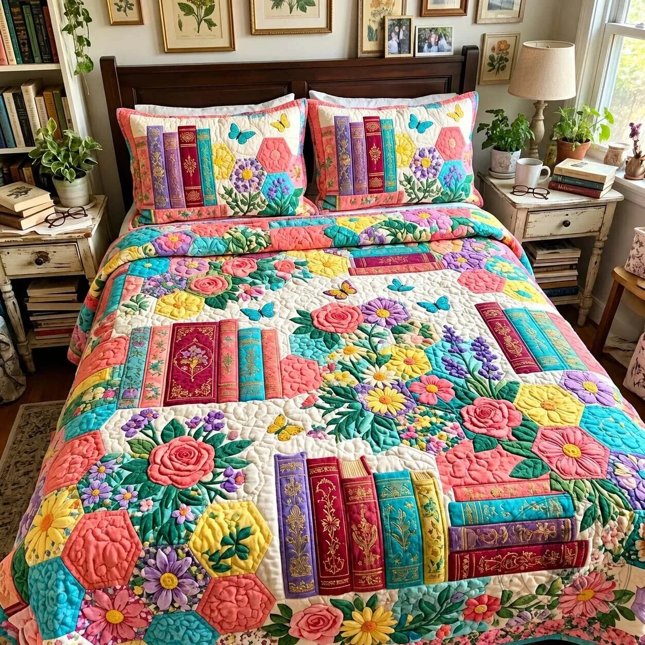 Colorful Garden Library Floral Bookshelf Quilted Bedding Set