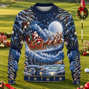 Santa Golfing Sleigh Ride Ugly Christmas Sweater, Funny Holiday Golf Sweatshirt