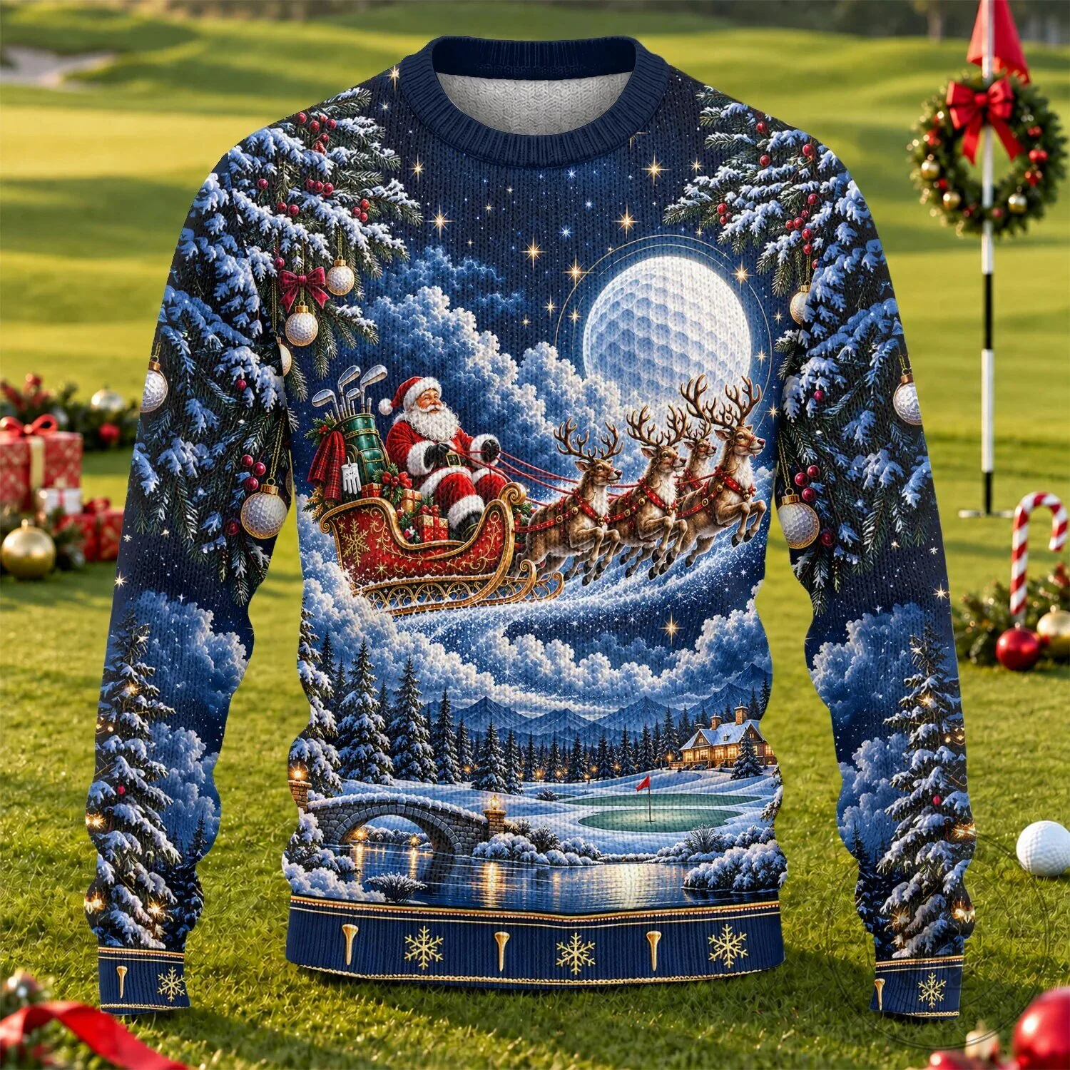 Santa Golfing Sleigh Ride Ugly Christmas Sweater, Funny Holiday Golf Sweatshirt