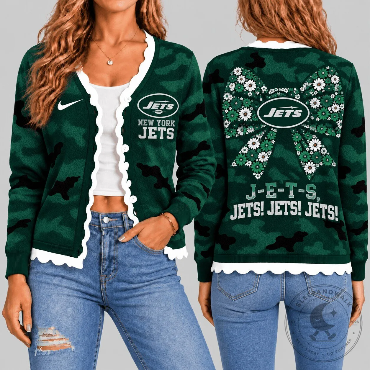 Women's Camouflage Bow Knit Cardigan featuring New York Jets NFL design