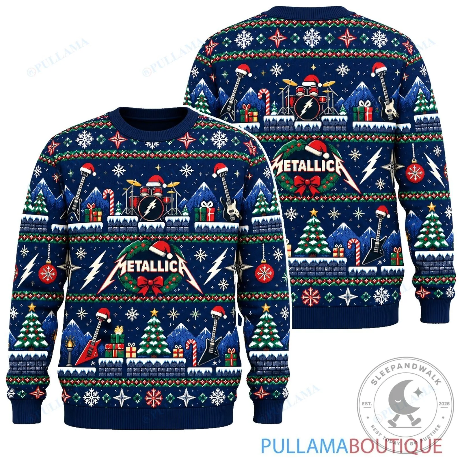 Metallica 8-Bit Quest Ugly Christmas Sweater, Heavy Metal Holiday Sweatshirt
