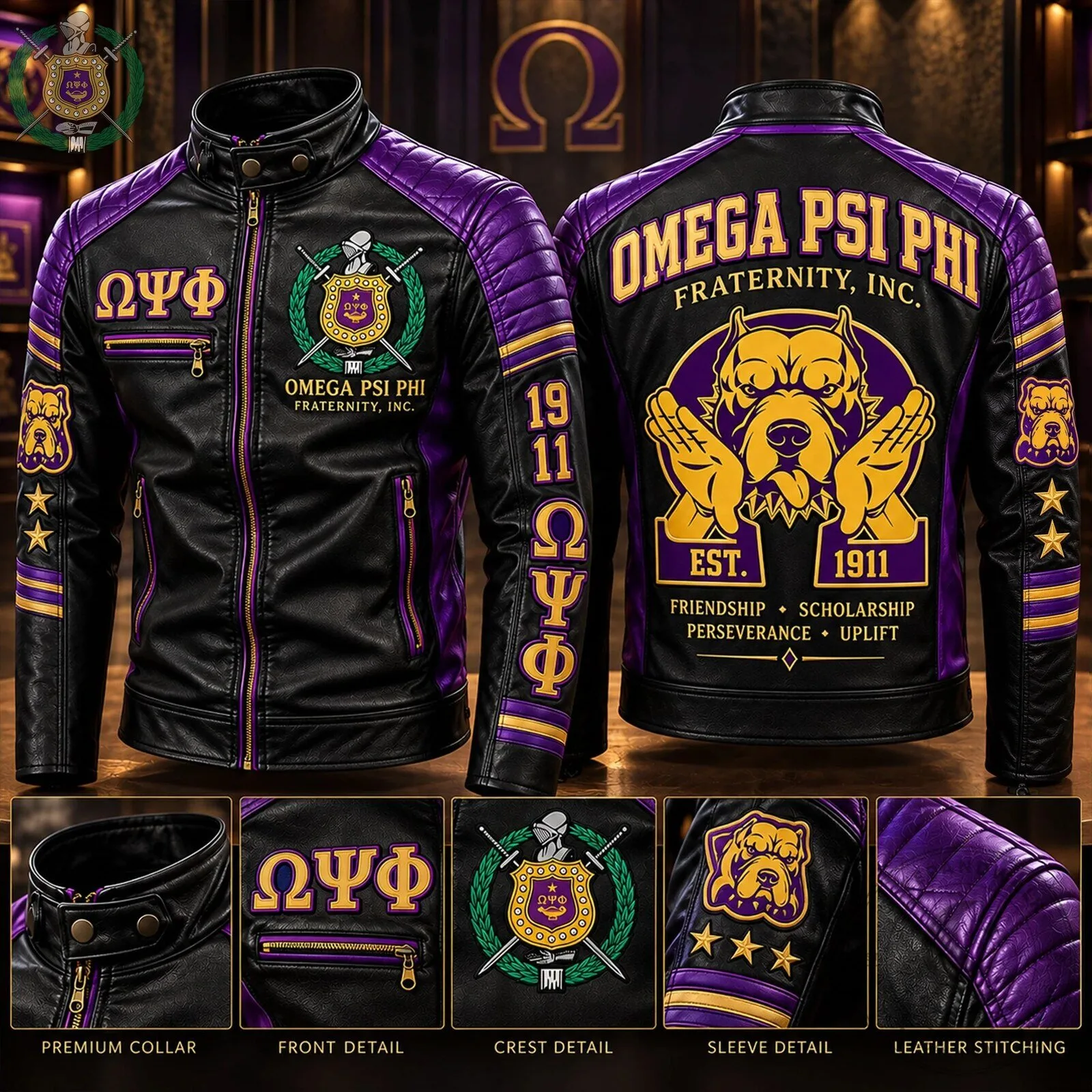Omega Psi Phi Fraternity Inc. Gold and Purple Leather Jacket