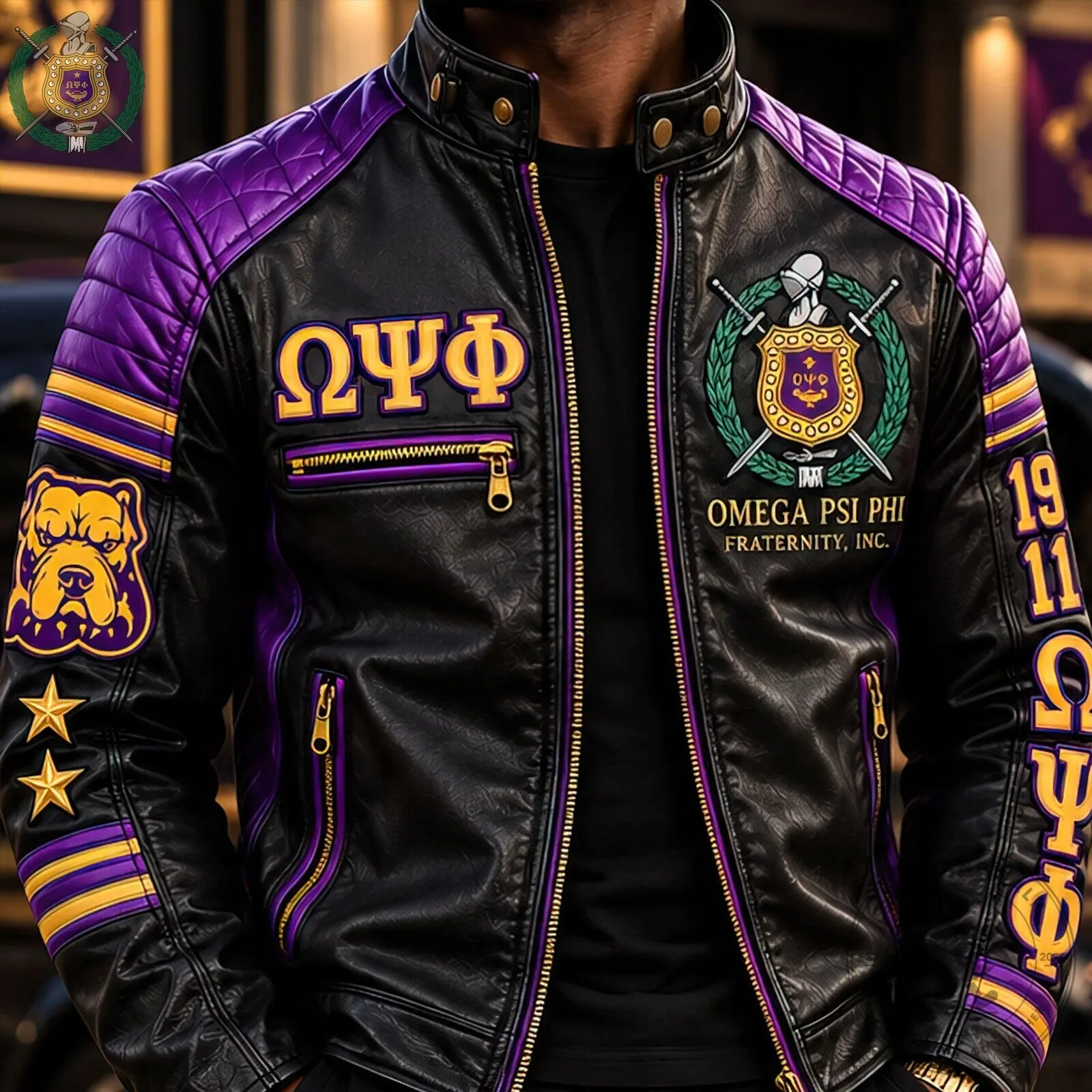 Omega Psi Phi Fraternity Inc. Gold and Purple Leather Jacket 7 Omega Psi Phi Fraternity Inc. Gold and Purple Leather Jacket