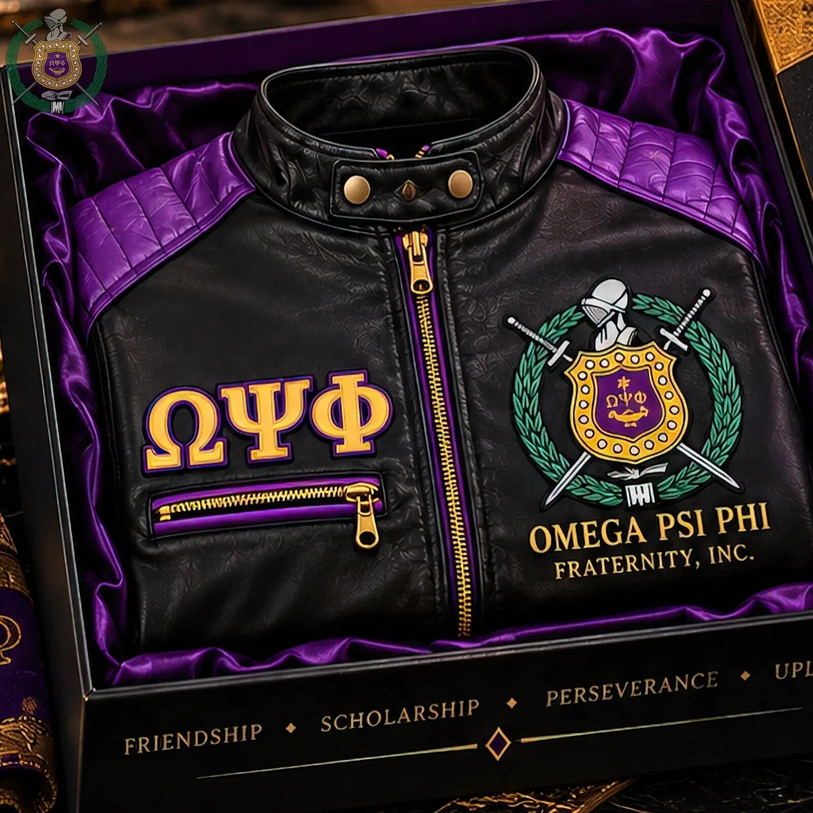 Omega Psi Phi Fraternity Inc. Gold and Purple Leather Jacket 9 Omega Psi Phi Fraternity Inc. Gold and Purple Leather Jacket