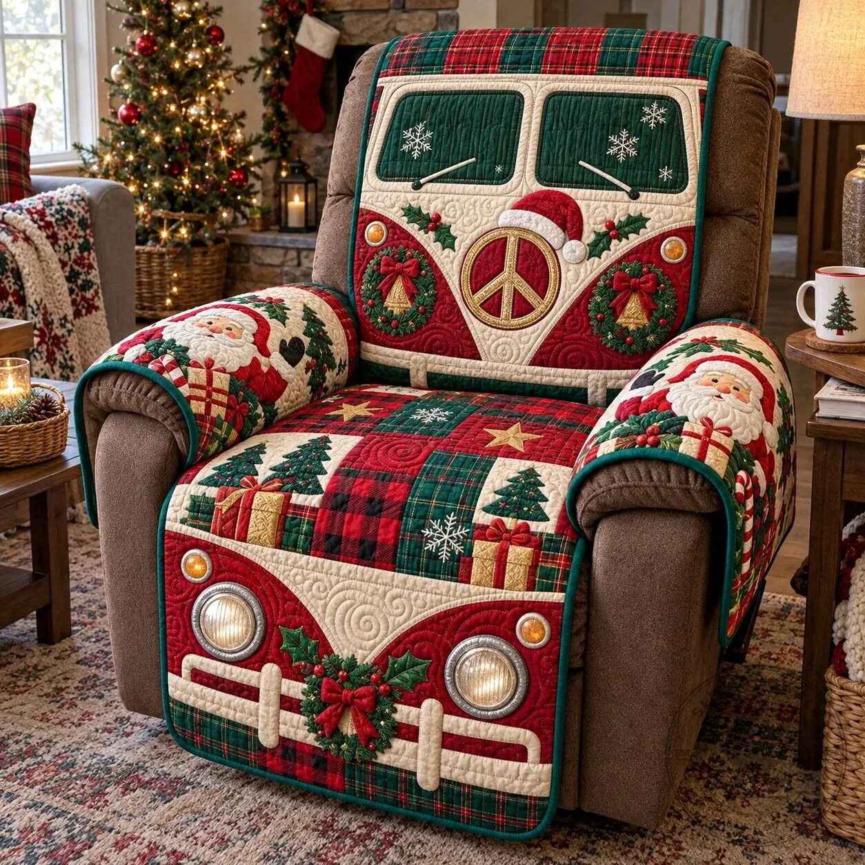 Christmas Plaid Volkswagen Van Quilted Recliner Cover with Santa Claus